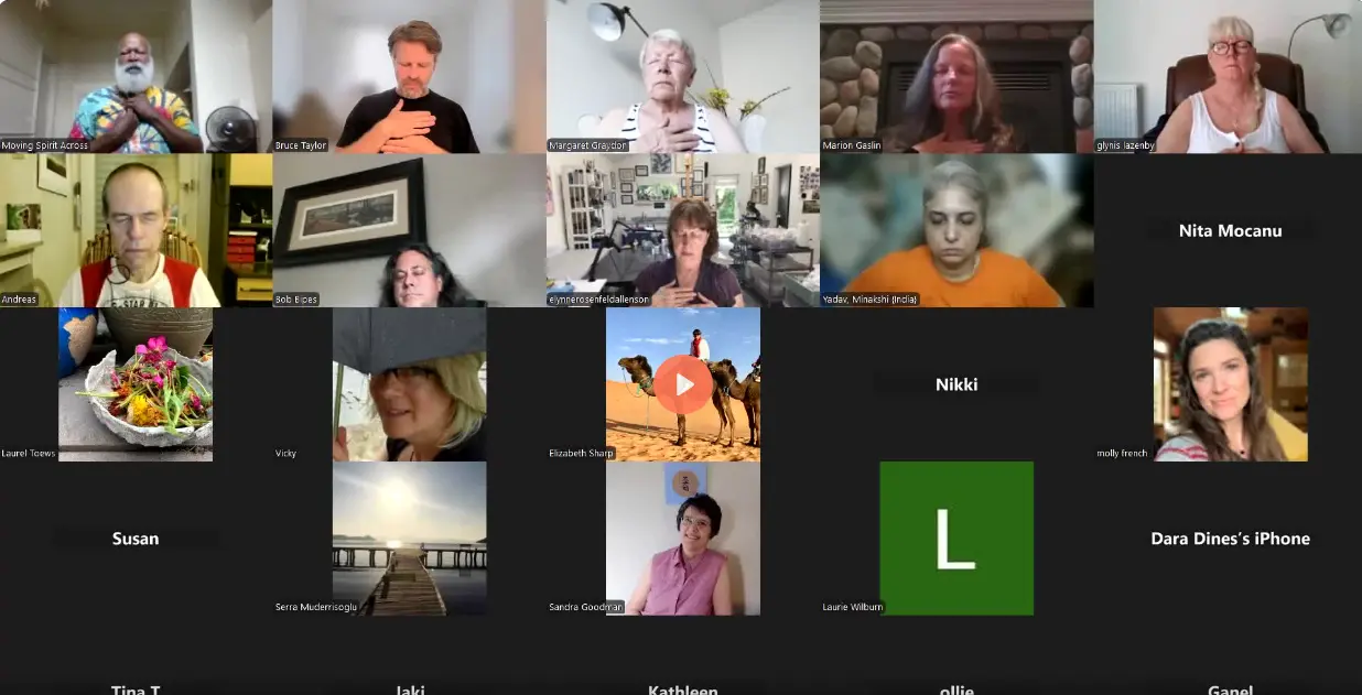 Practitioners worldwide in live Reiki practice, hands at the heart