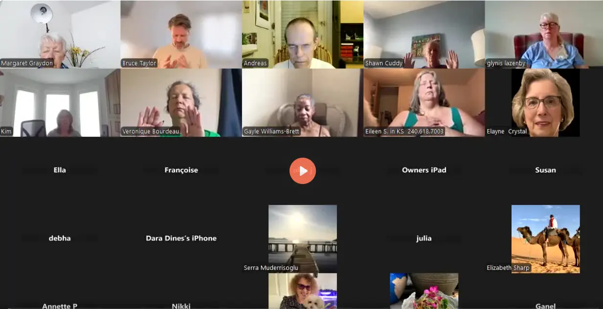 Global Reiki circle in gasshō during a live Thursday session