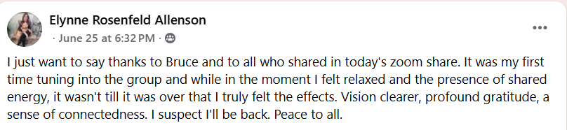 Facebook post from Elynne Rosenfeld Allenson: after her first Reiki share she felt relaxed, then afterward felt her vision clearer, profound gratitude, and a sense of connectedness, and expects to return.